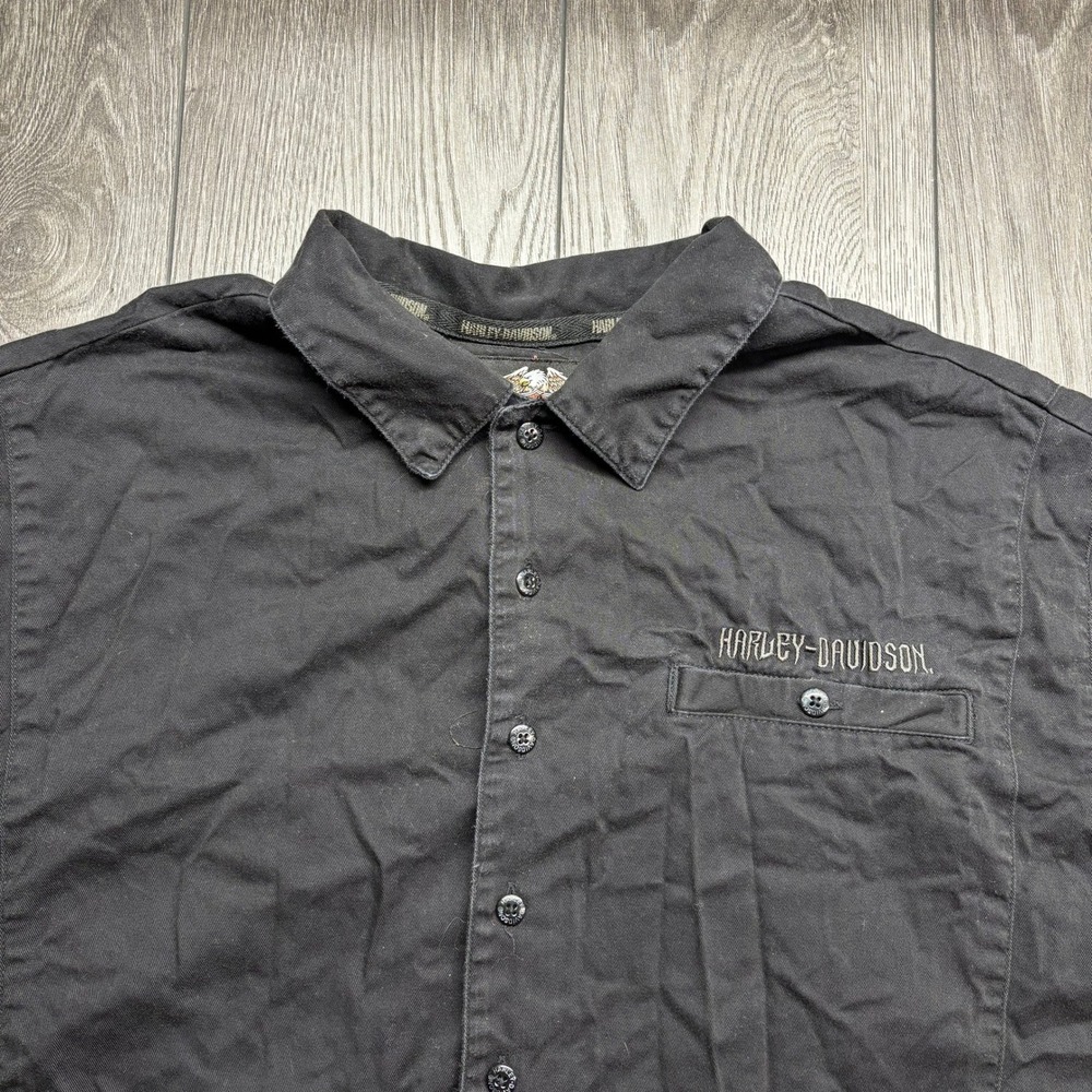 Harley-Davidson Mens 3XL Black Embroidered Flaming Skull Short Sleeve Work Shirt - Picture 4 of 8